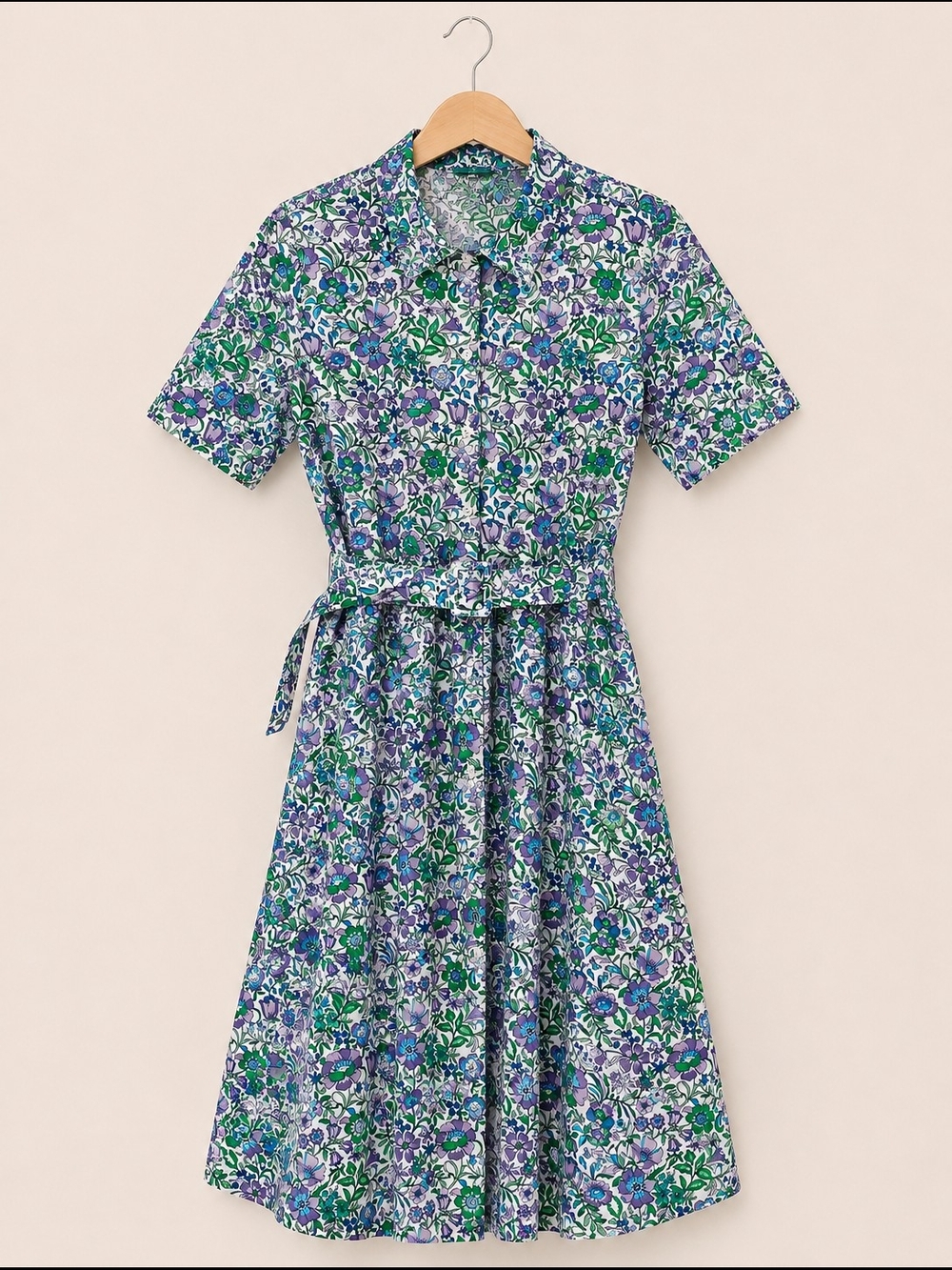 Floral Midi Dress with Tie Waist - Blue & Green